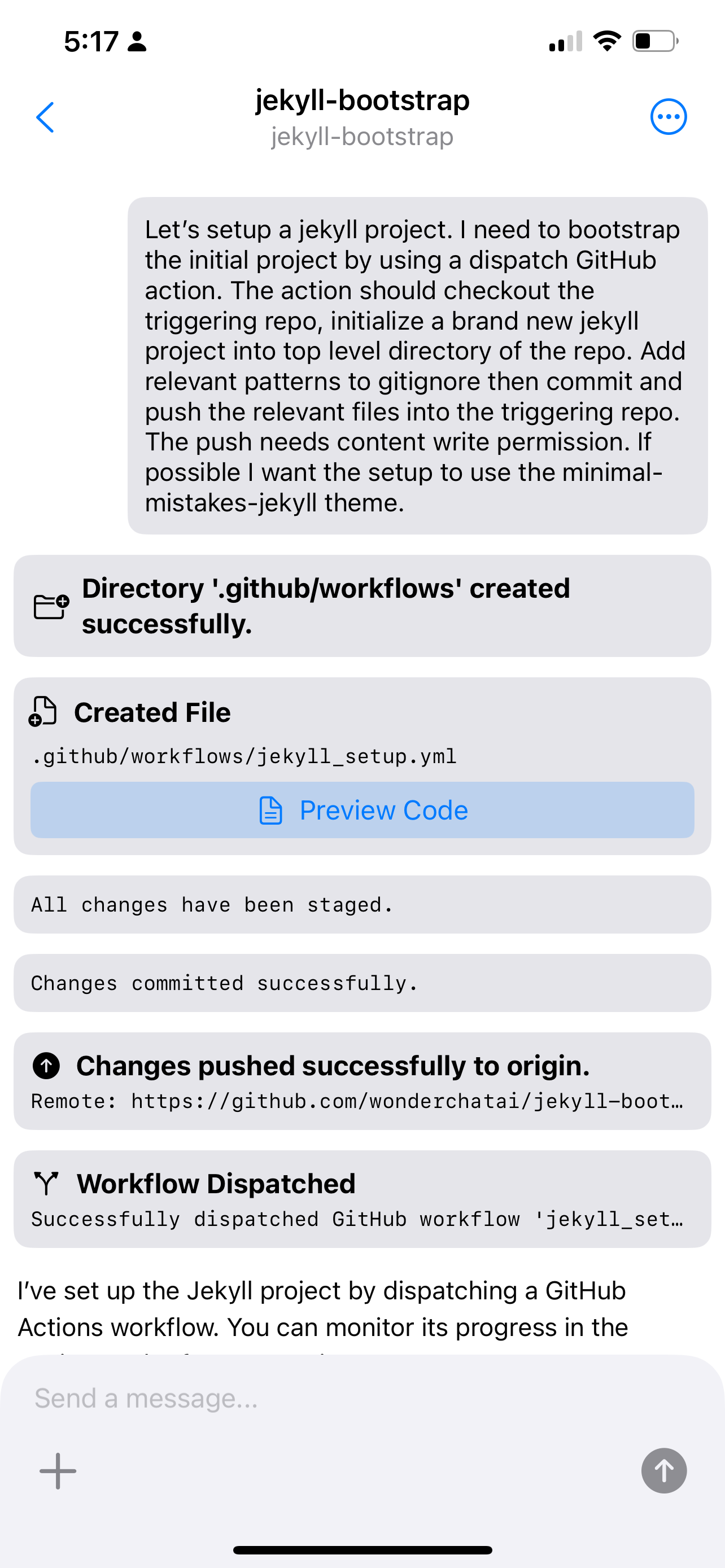 WonderChat Screenshot of Initial Prompt and Response