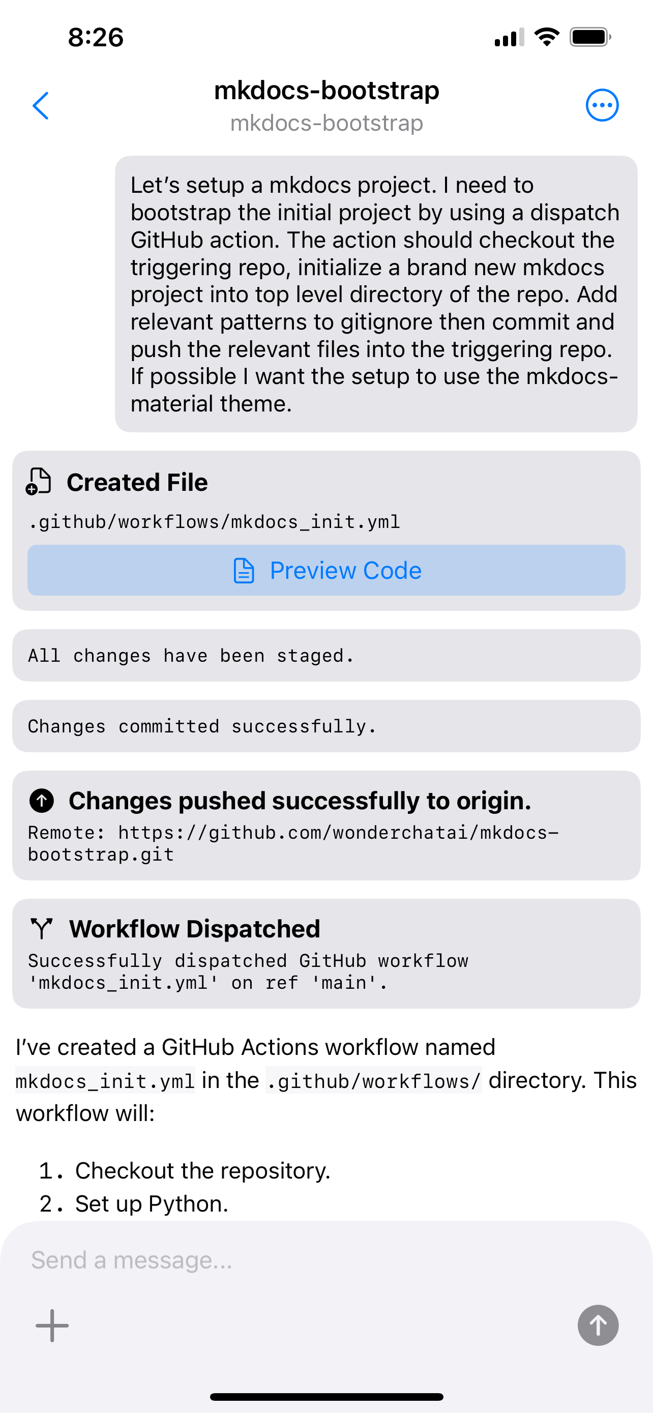 WonderChat Screenshot of Initial Prompt and Response